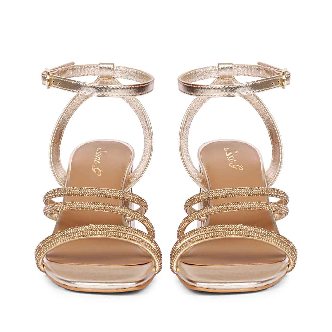 Saint Aldina Crystal Cord String Gold Leather Jewel Block Heels - Image 5