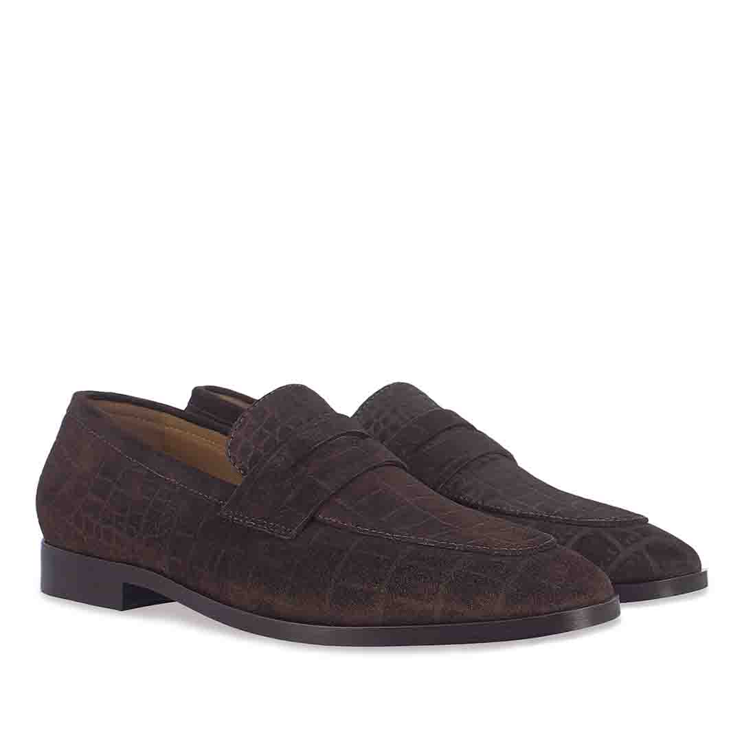 Saint Alessandro Brown Suede Croco Print Leather Loafers - Image 3