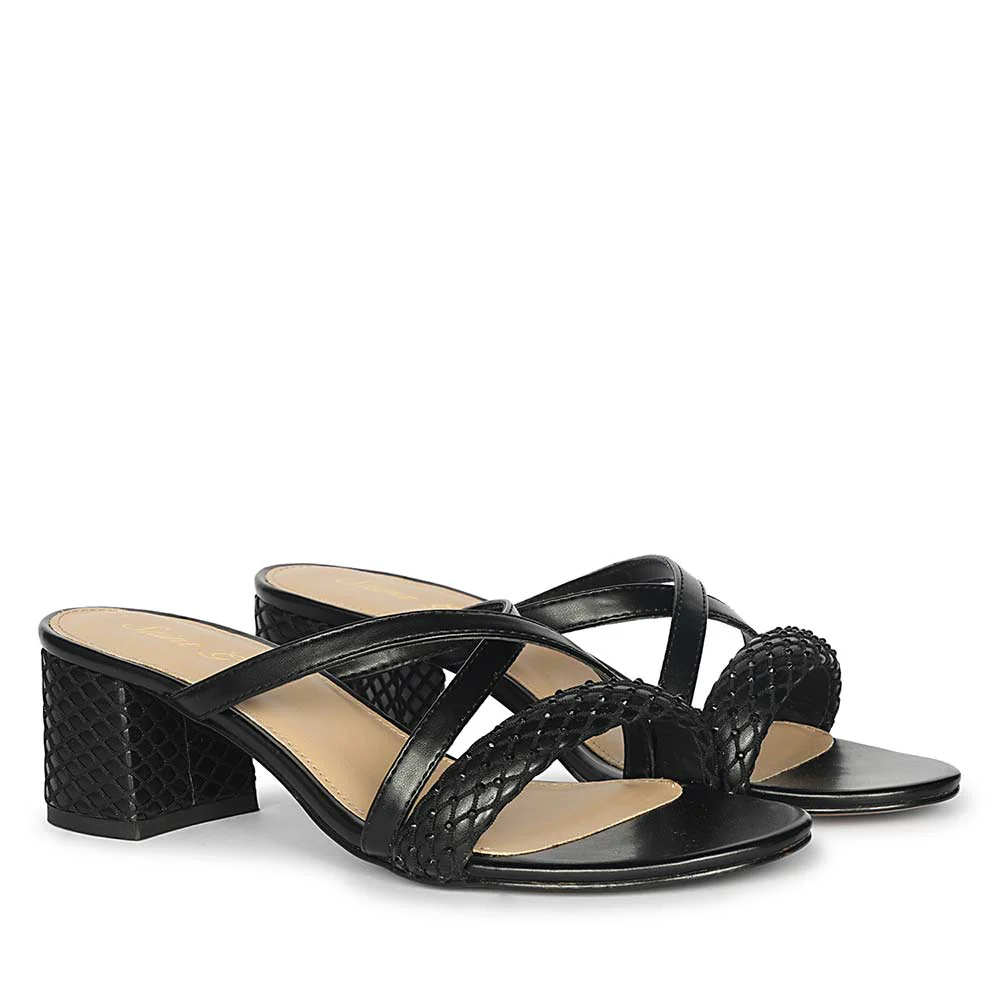 Saint Alessia Embellished Black Vegan Leather Block Heels - Image 2
