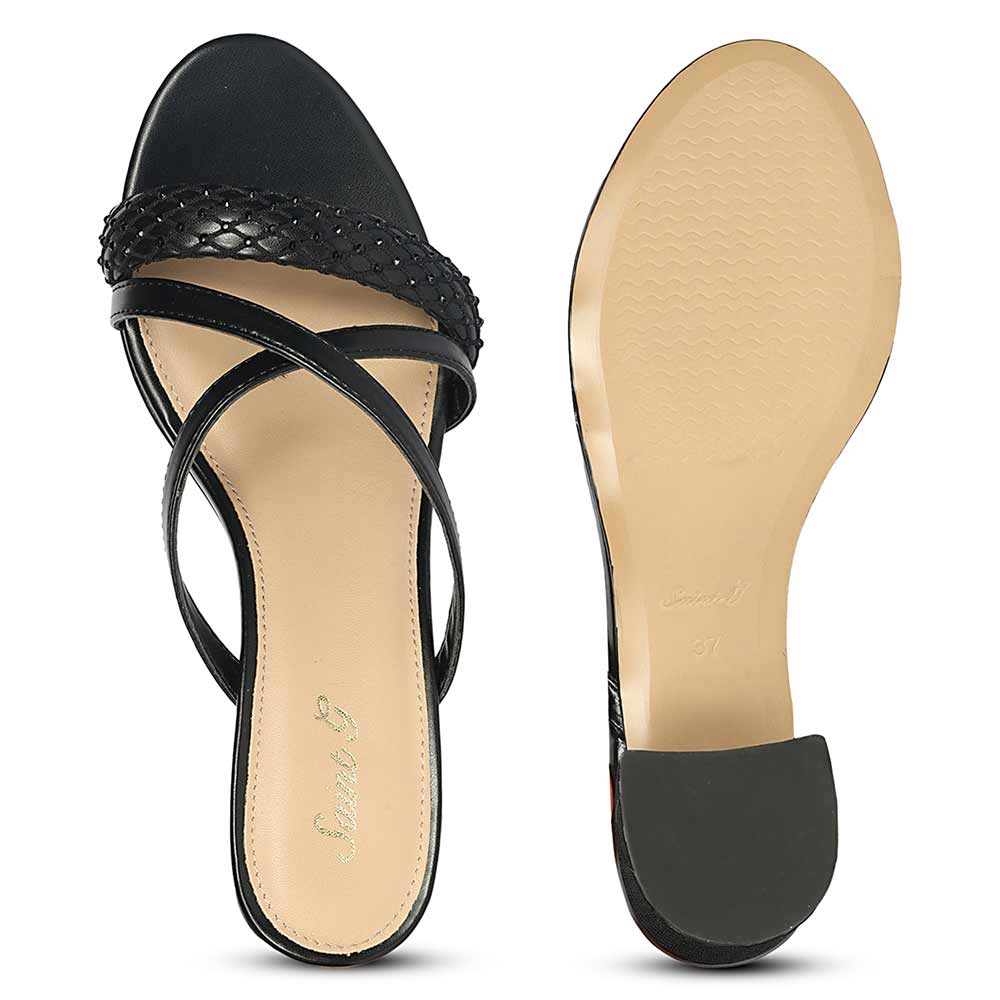Saint Alessia Embellished Black Vegan Leather Block Heels - Image 7
