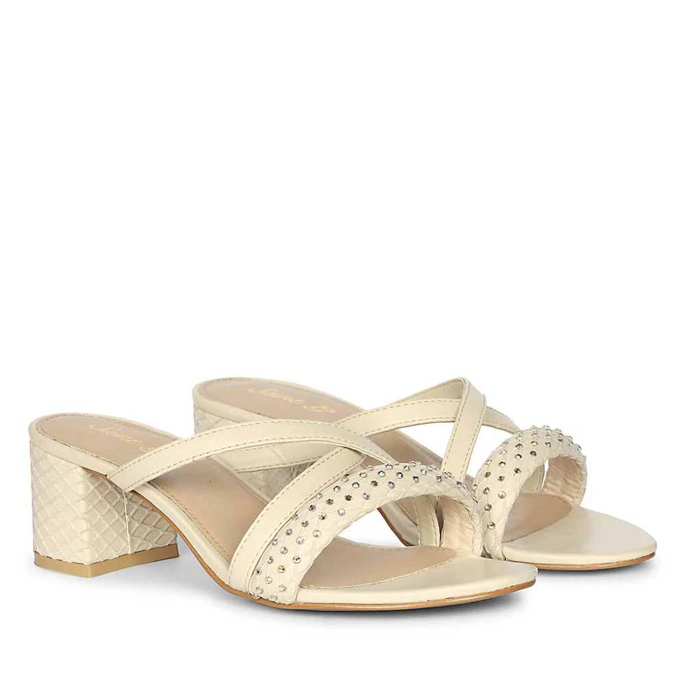 Saint Alessia Embellished Off-White Vegan Leather Block Heels - Image 3