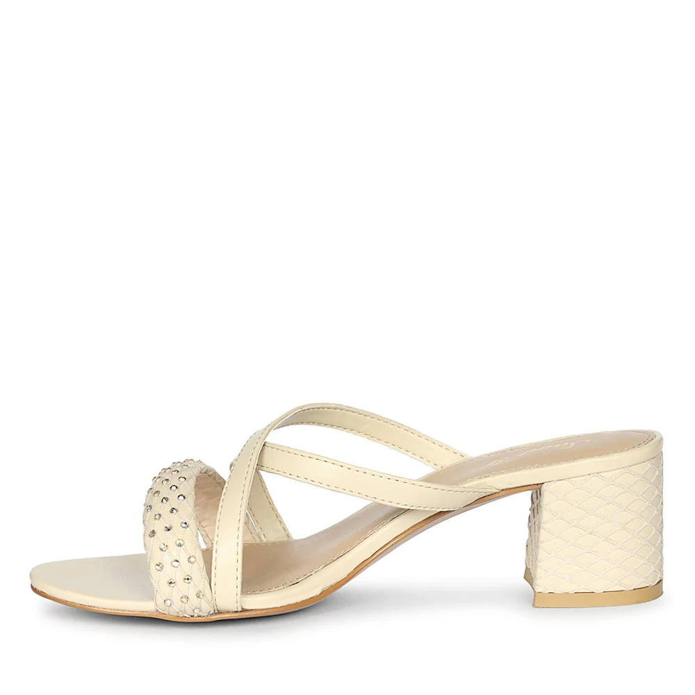 Saint Alessia Embellished Off-White Vegan Leather Block Heels - Image 4