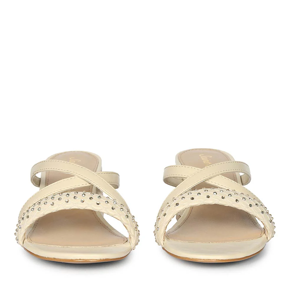 Saint Alessia Embellished Off-White Vegan Leather Block Heels - Image 5