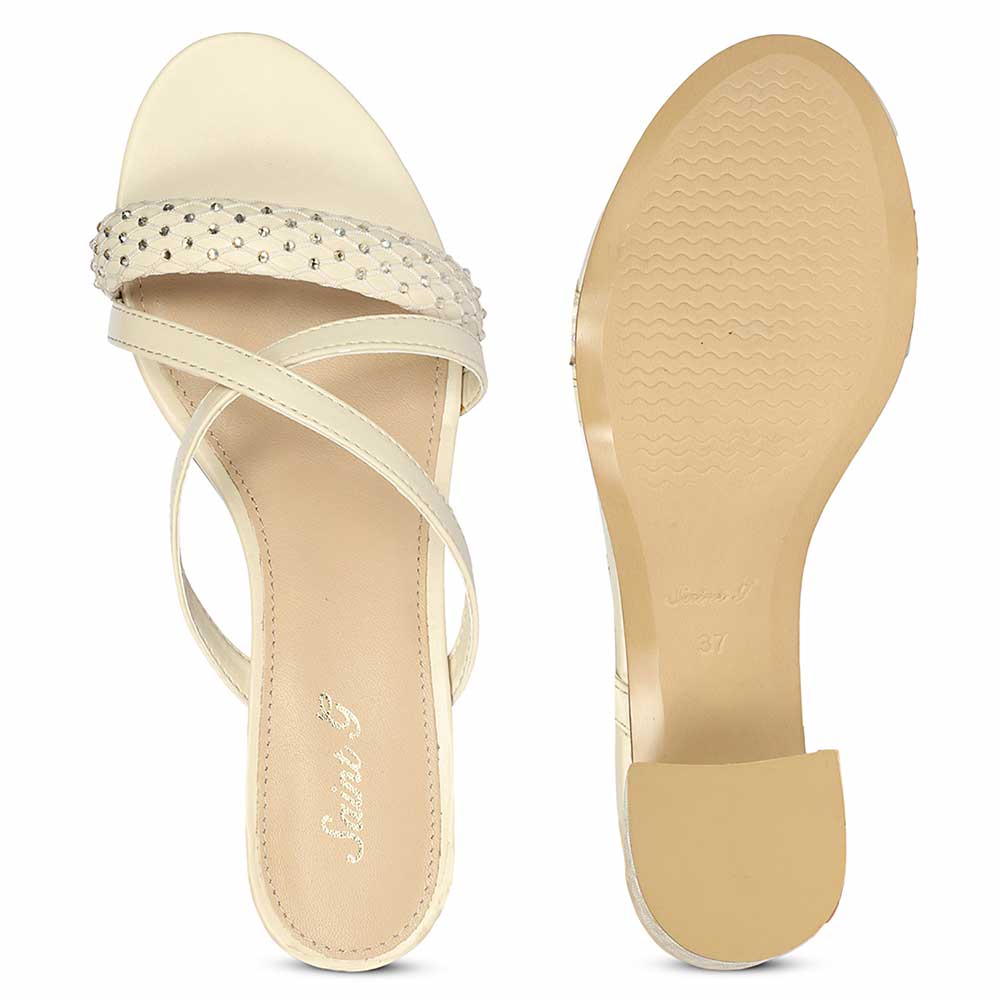 Saint Alessia Embellished Off-White Vegan Leather Block Heels - Image 8