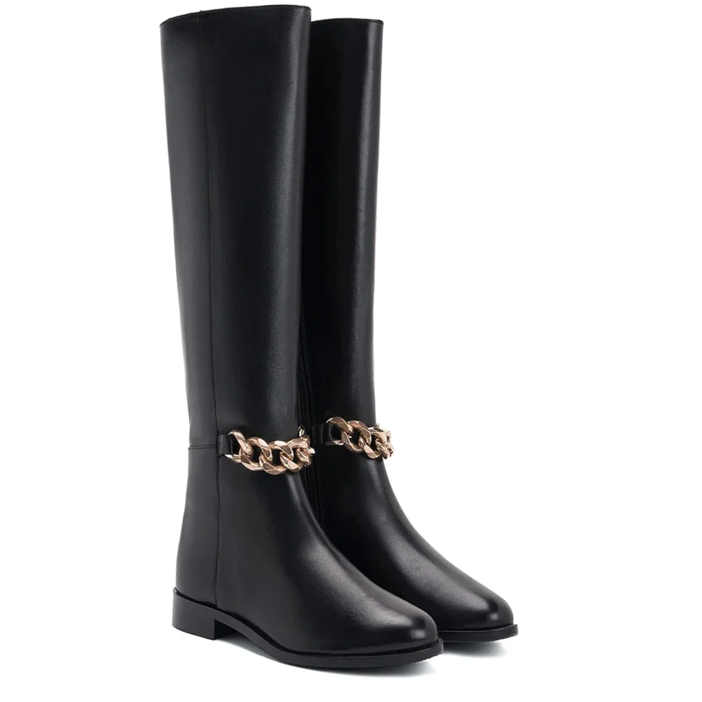 Saint Alina Gold Chain Embellished Black Leather Knee High Boots - Image 3
