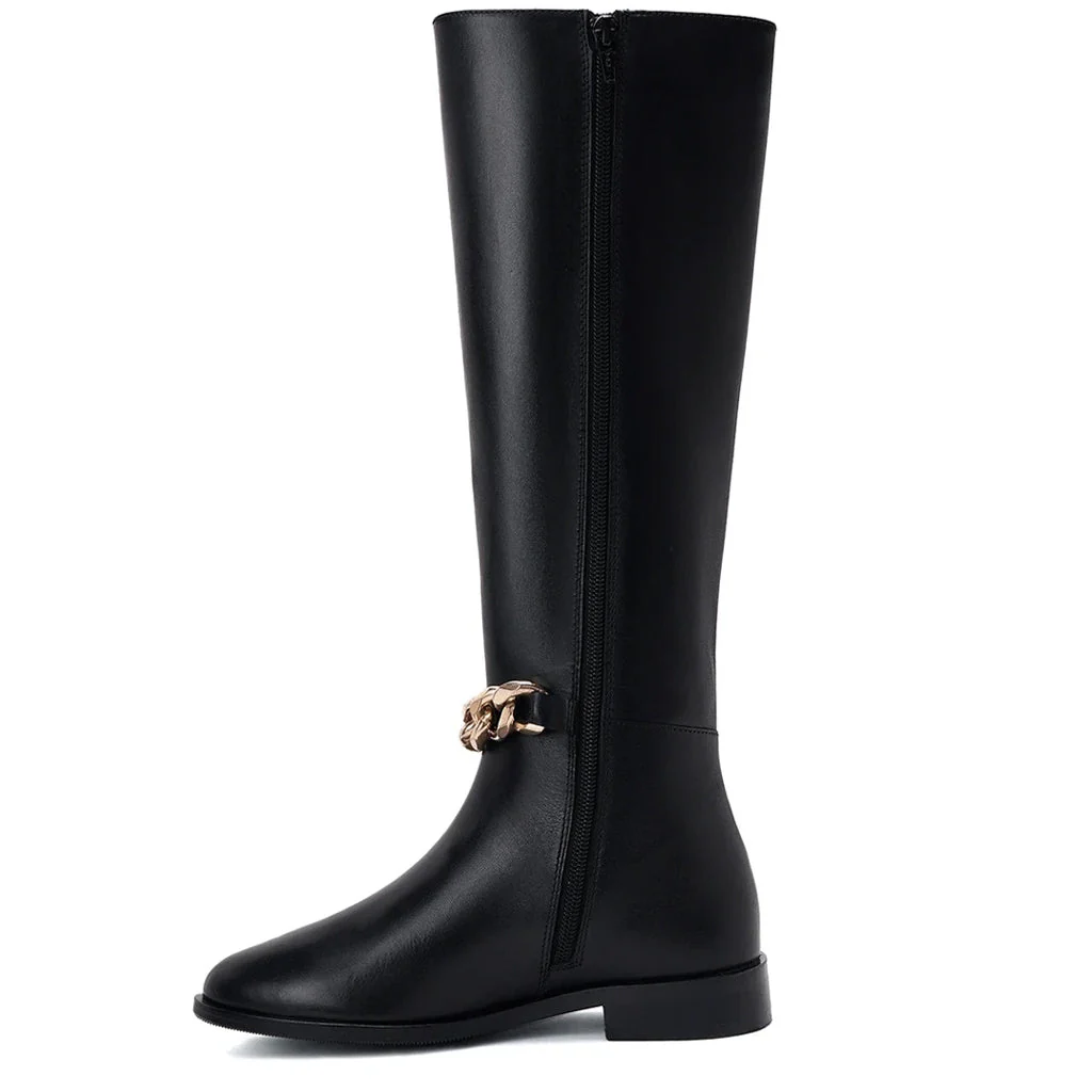 Saint Alina Gold Chain Embellished Black Leather Knee High Boots - Image 4