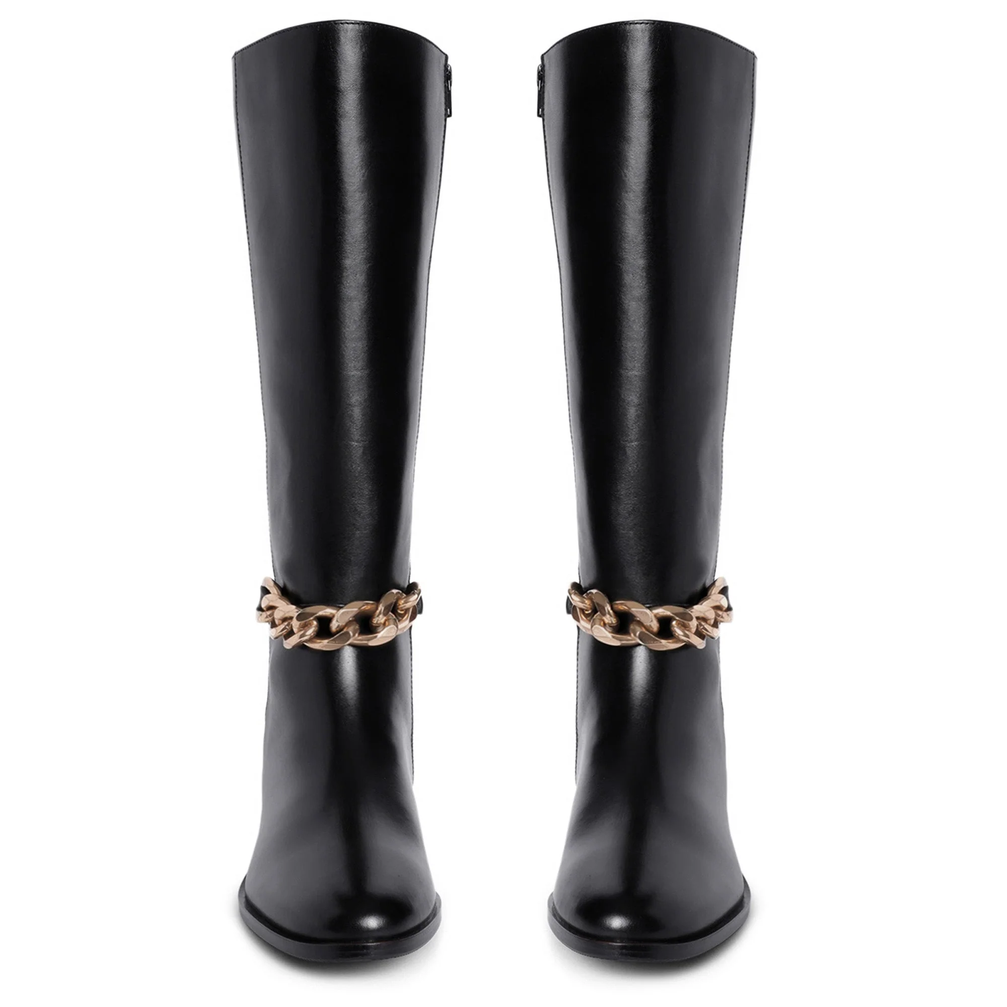Saint Alina Gold Chain Embellished Black Leather Knee High Boots - Image 5