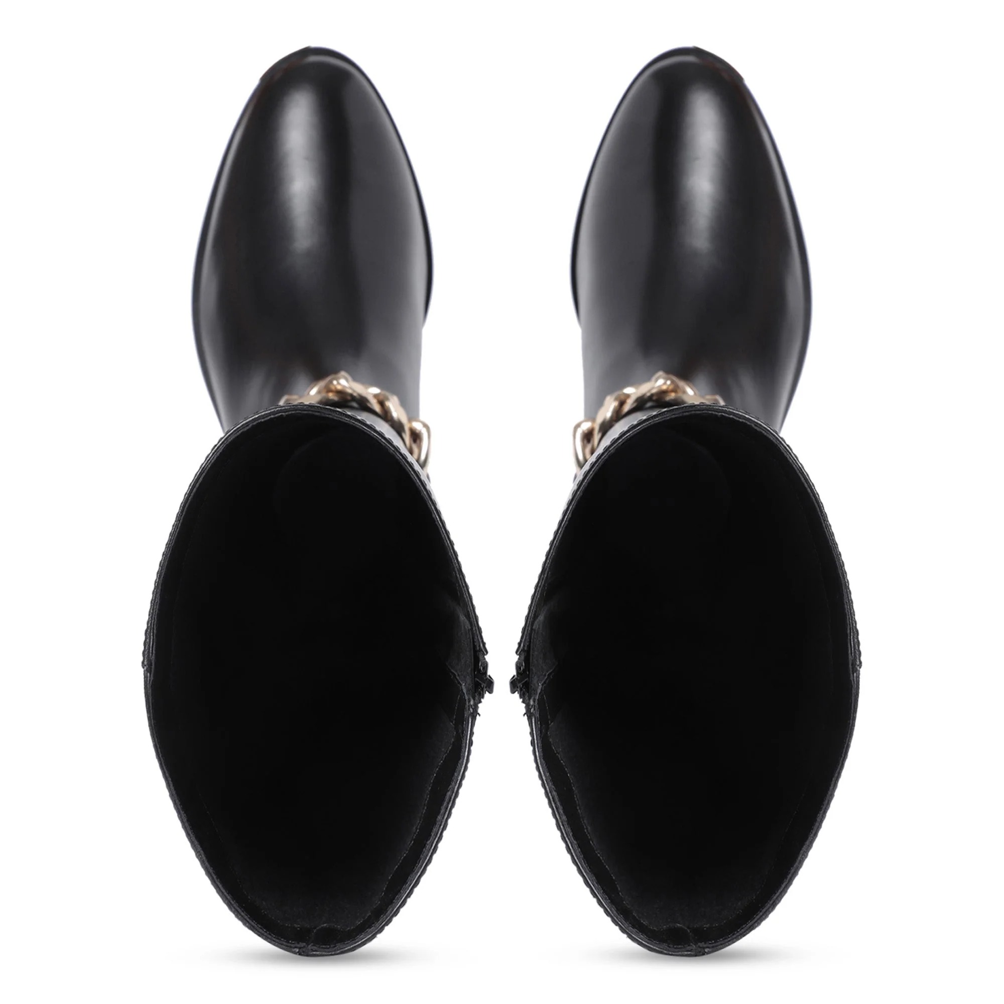 Saint Alina Gold Chain Embellished Black Leather Knee High Boots - Image 7