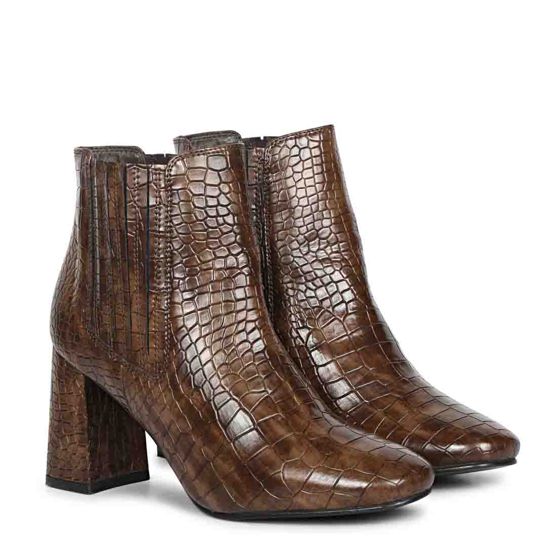 Saint Milana Brown Croco Embossed Vegan Leather Ankle Boots - Image 3