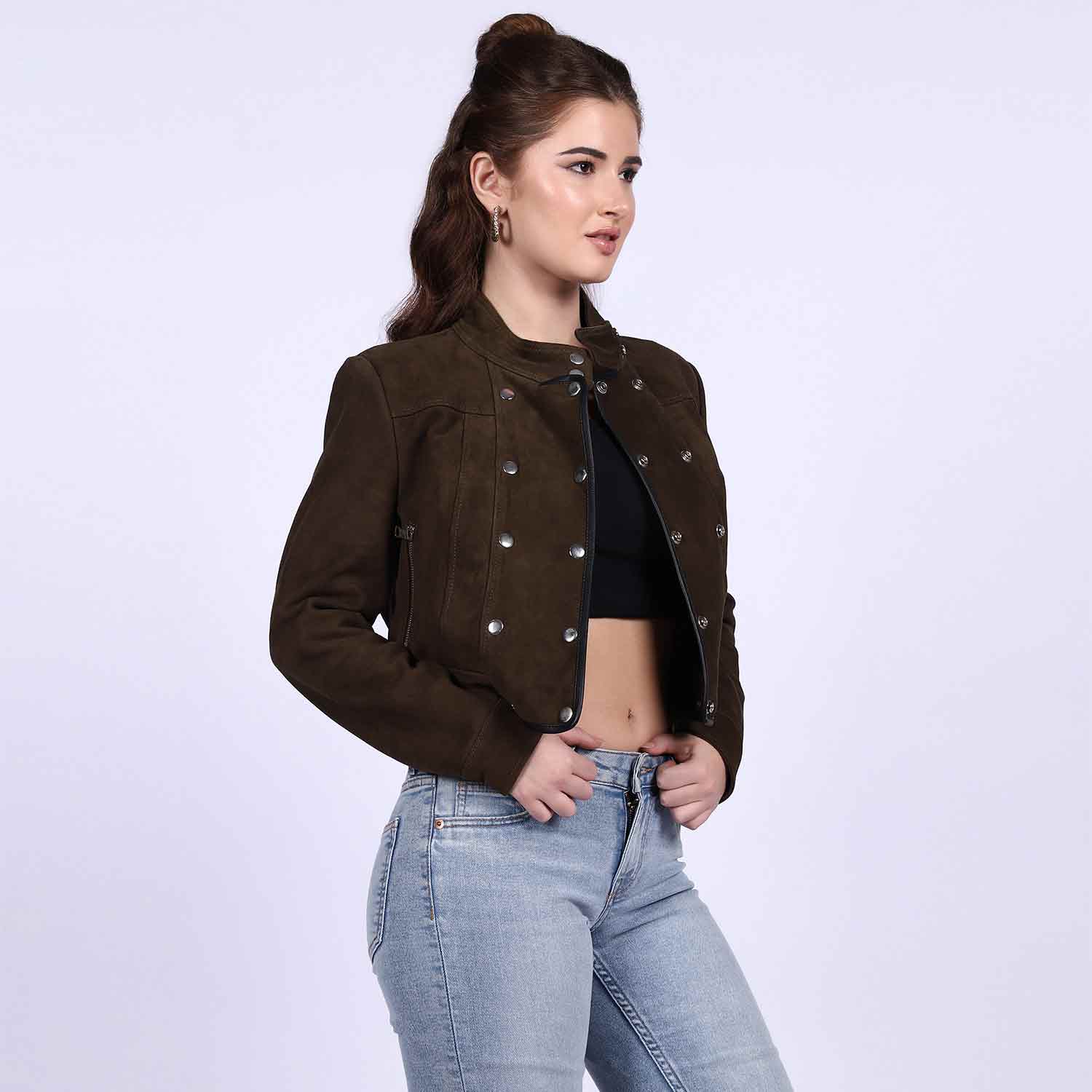 Saint Alora Olive Suede Leather Women Collar Jackets - Image 3