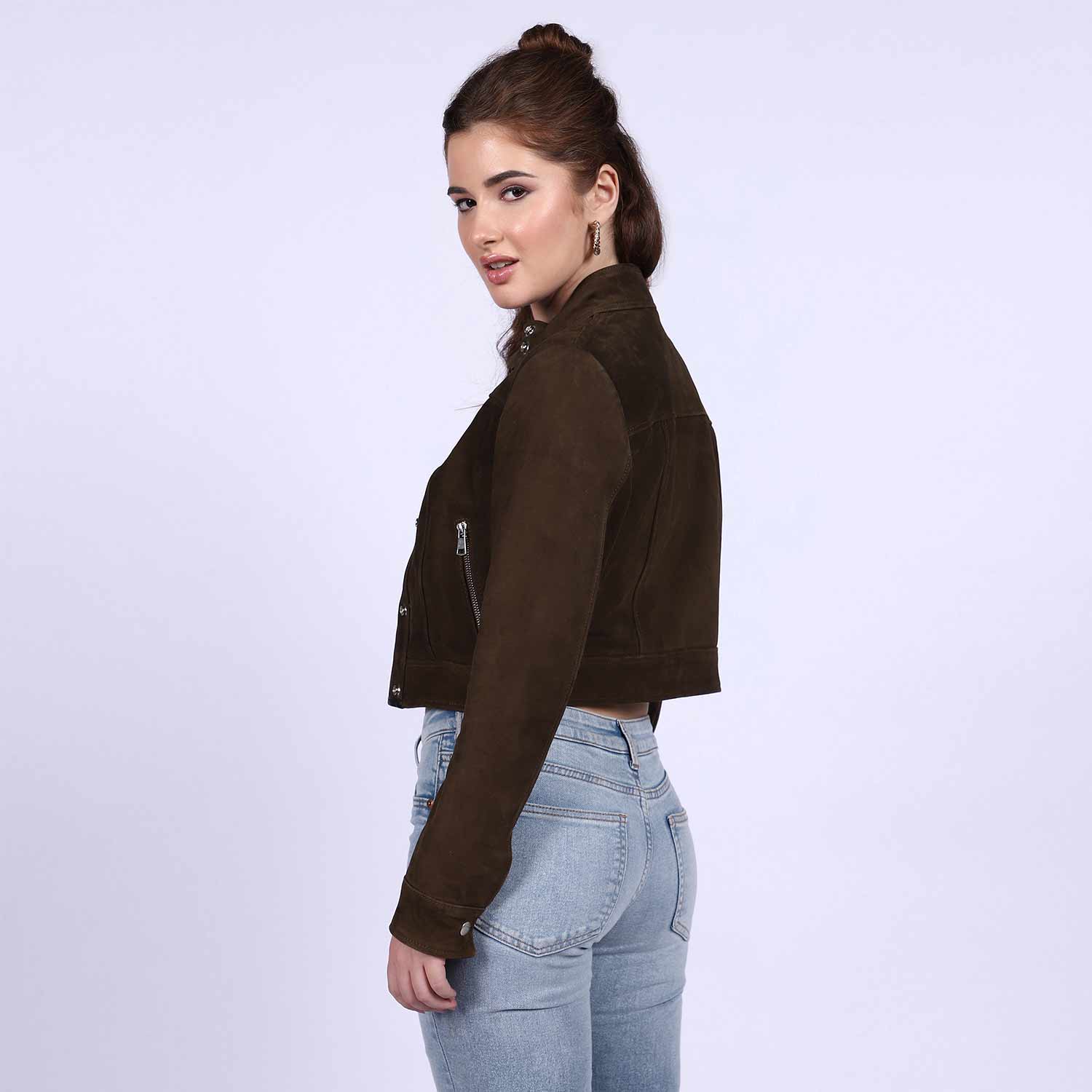 Saint Alora Olive Suede Leather Women Collar Jackets - Image 4