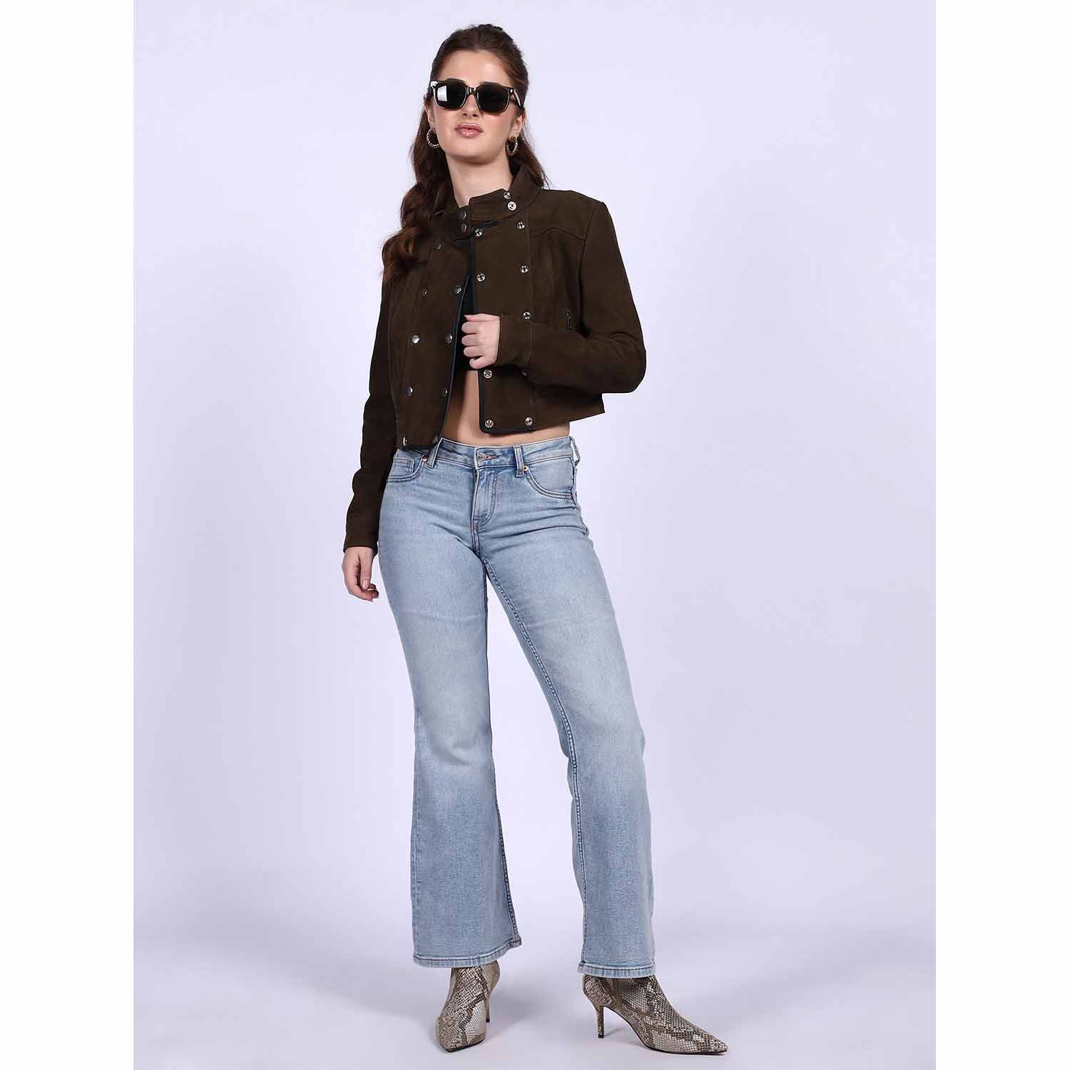 Saint Alora Olive Suede Leather Women Collar Jackets - Image 5