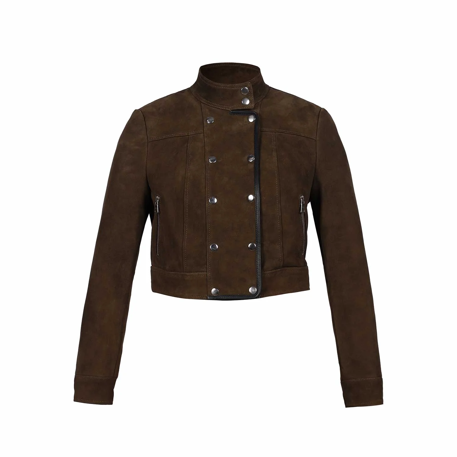 Saint Alora Olive Suede Leather Women Collar Jackets - Image 6