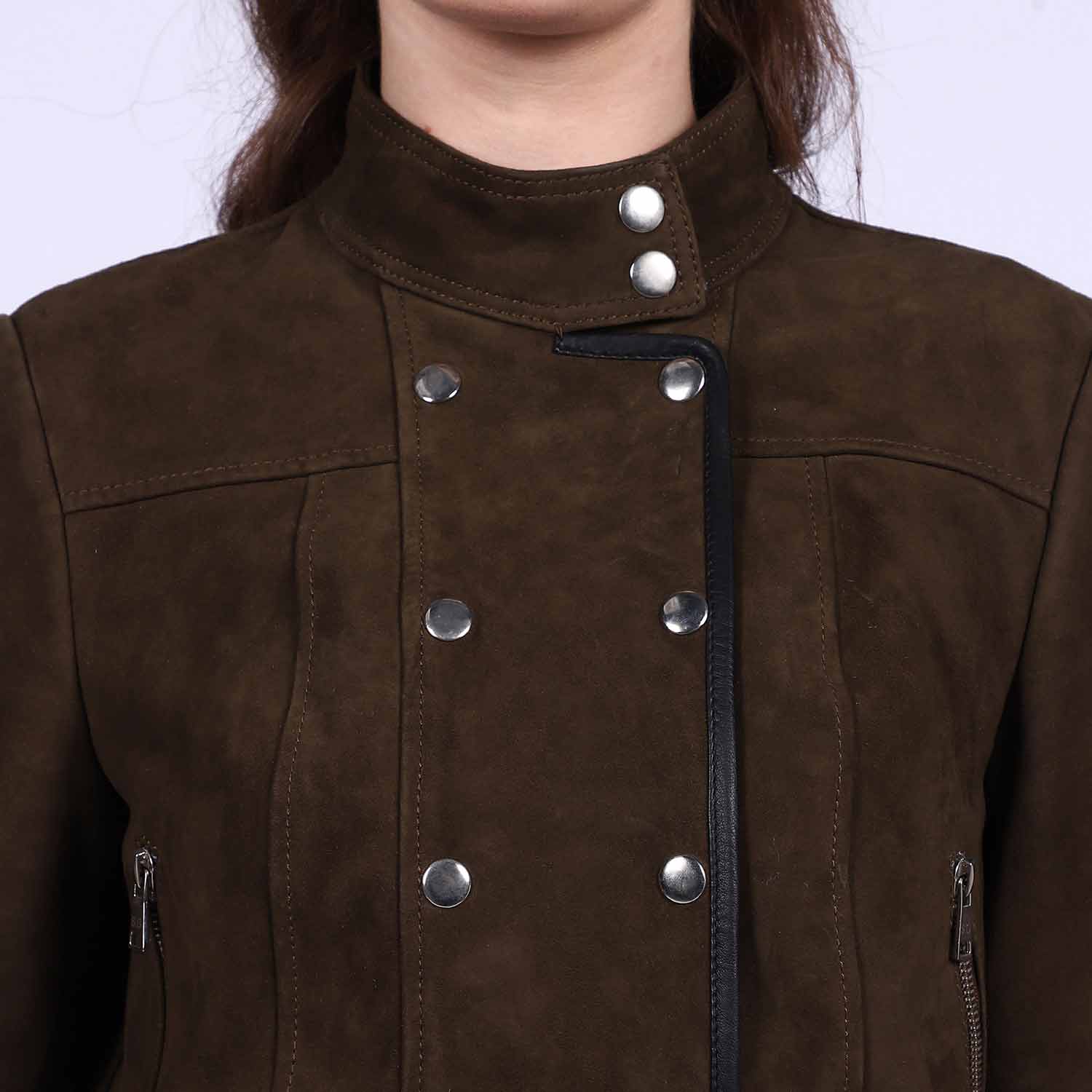 Saint Alora Olive Suede Leather Women Collar Jackets - Image 7