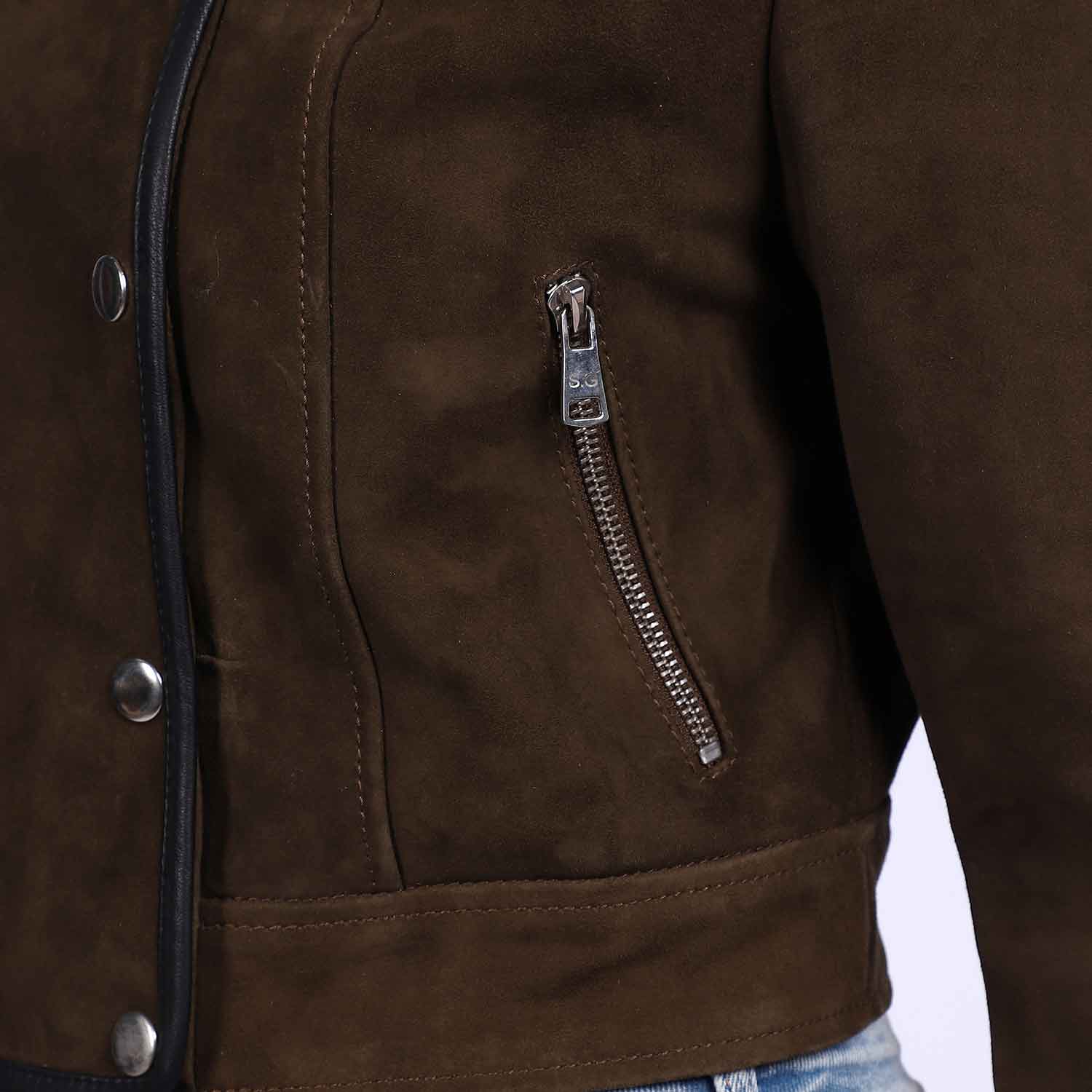 Saint Alora Olive Suede Leather Women Collar Jackets - Image 8