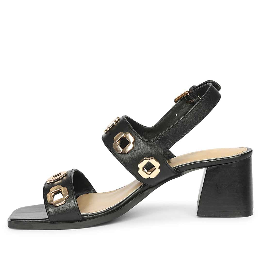 Saint Alviera Gold Flower Eyelets Black Leather Block Heels - Image 3