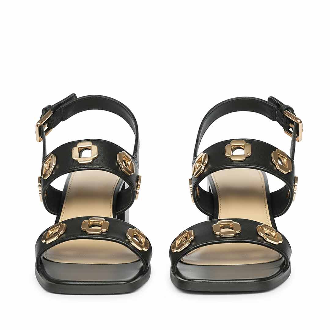Saint Alviera Gold Flower Eyelets Black Leather Block Heels - Image 4