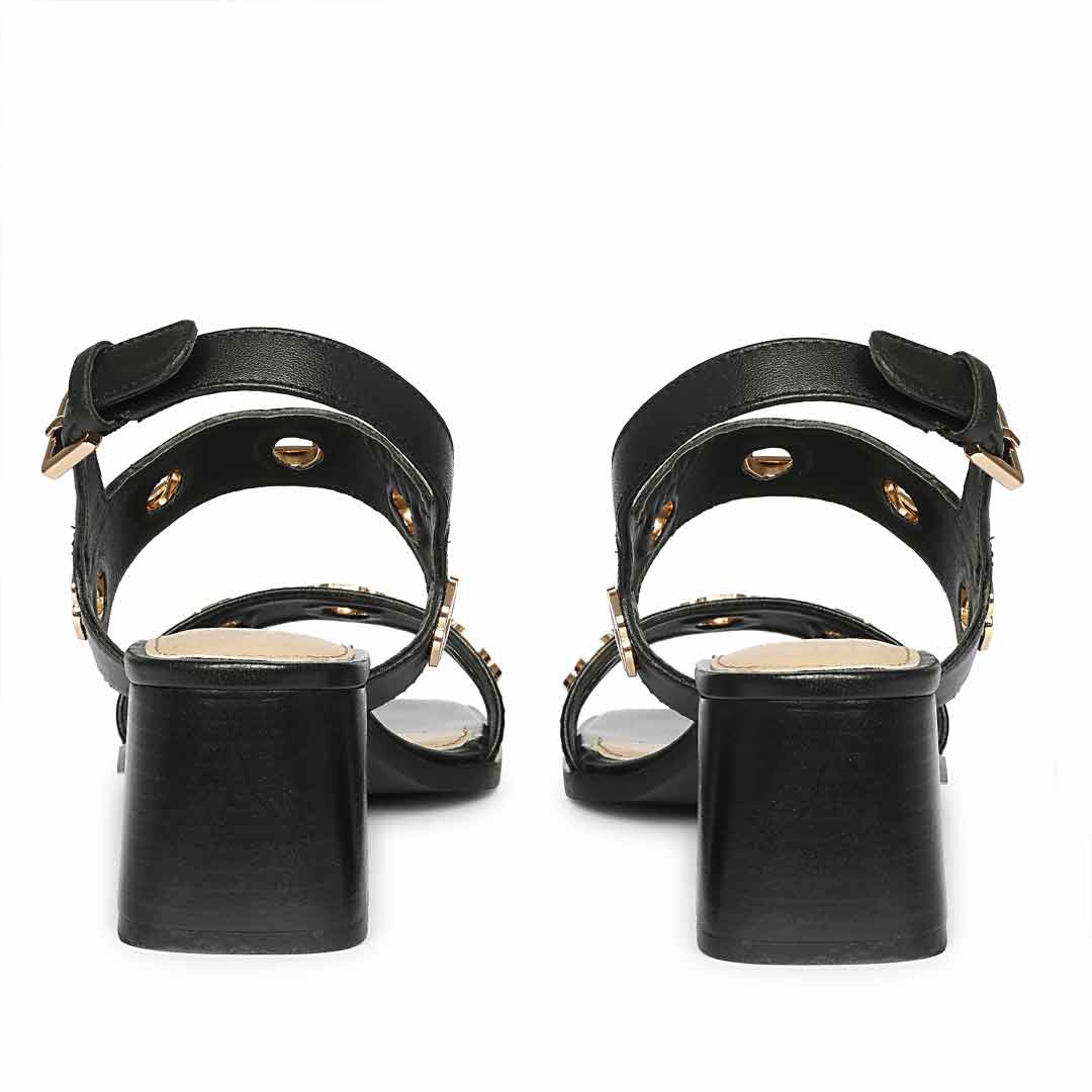 Saint Alviera Gold Flower Eyelets Black Leather Block Heels - Image 5