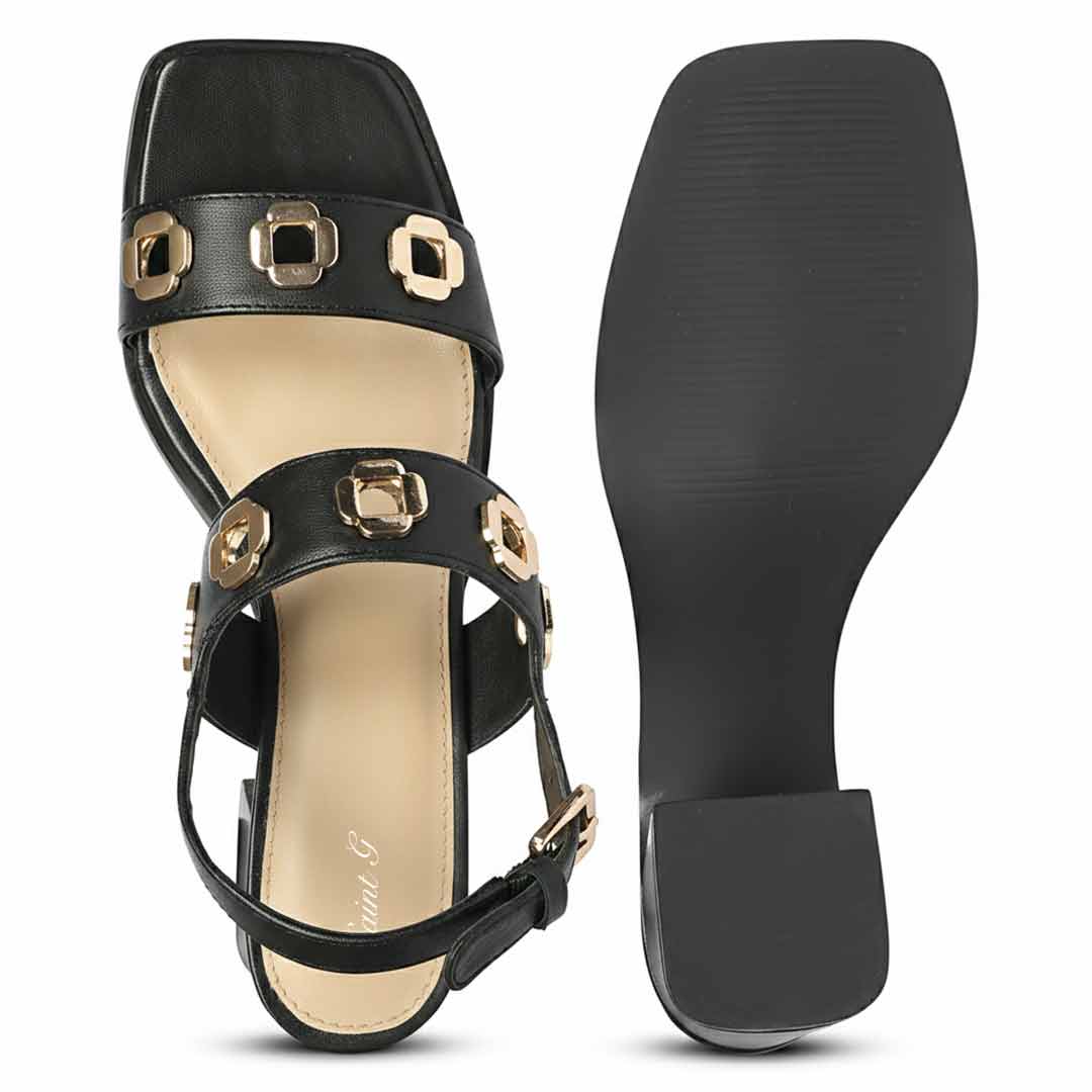 Saint Alviera Gold Flower Eyelets Black Leather Block Heels - Image 6