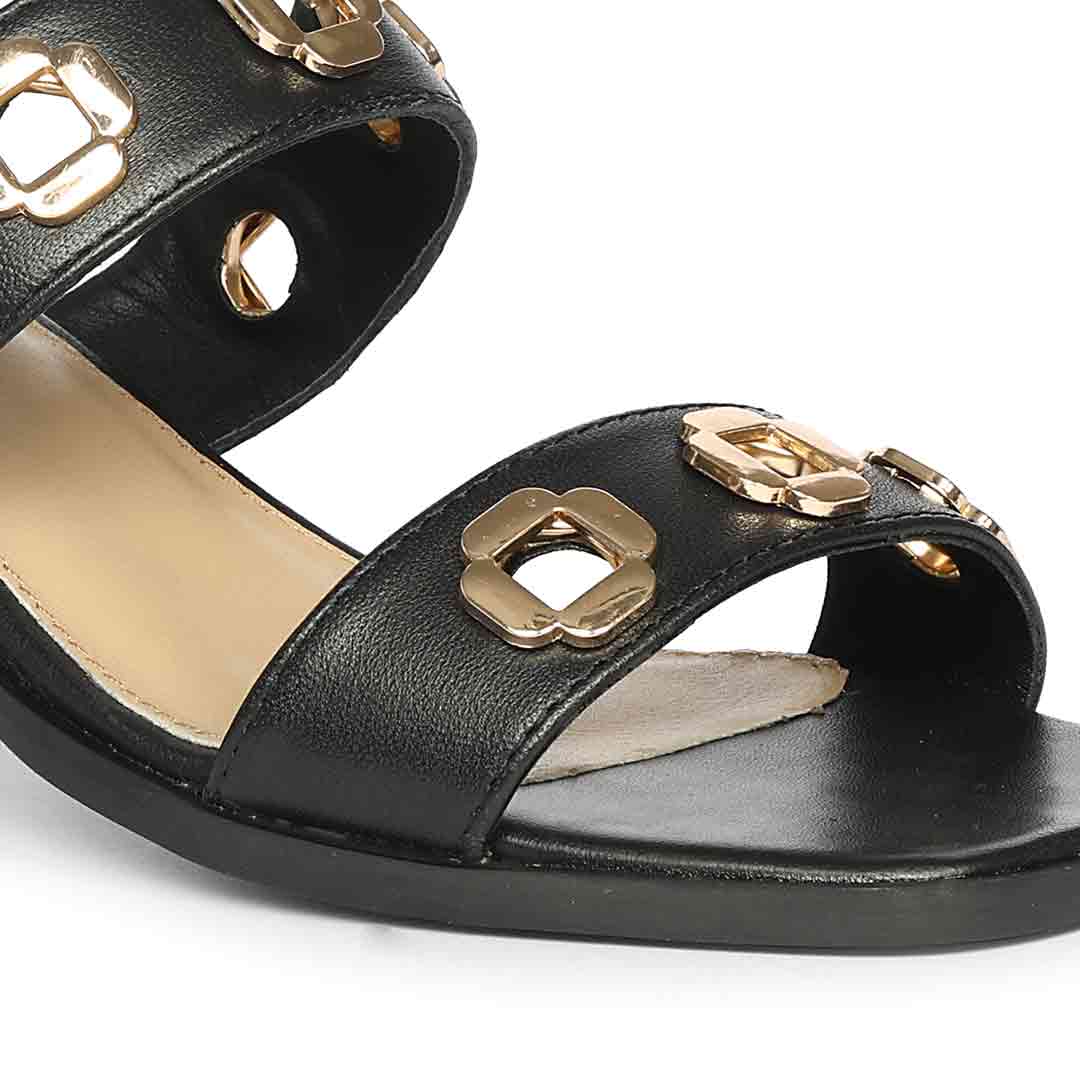 Saint Alviera Gold Flower Eyelets Black Leather Block Heels - Image 7