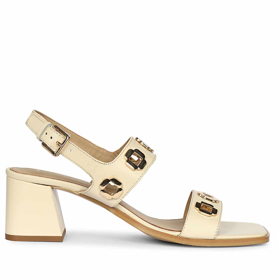 Saint Alviera Gold Flower Eyelets Black Leather Block Heels