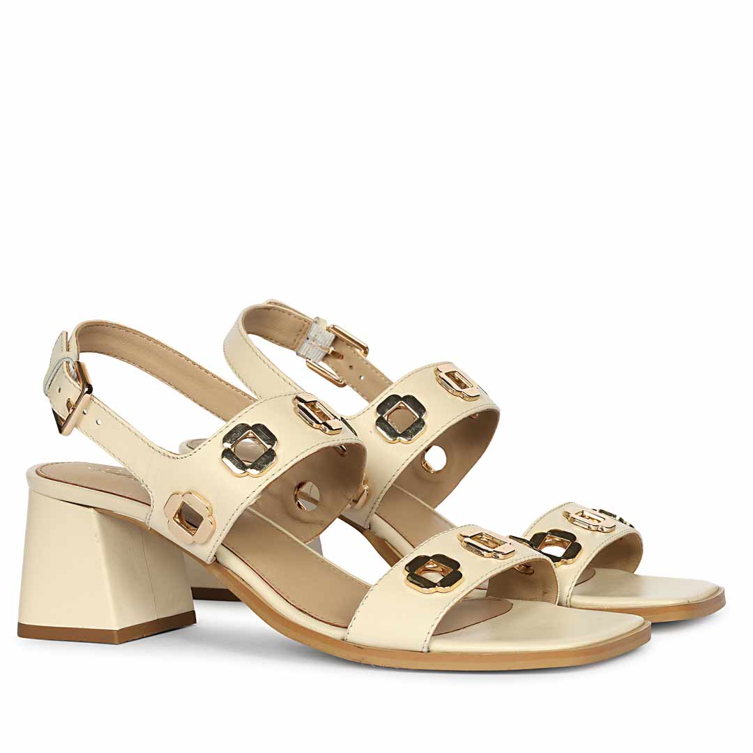 Saint Alviera Gold Flower Eyelets Black Leather Block Heels - Image 2