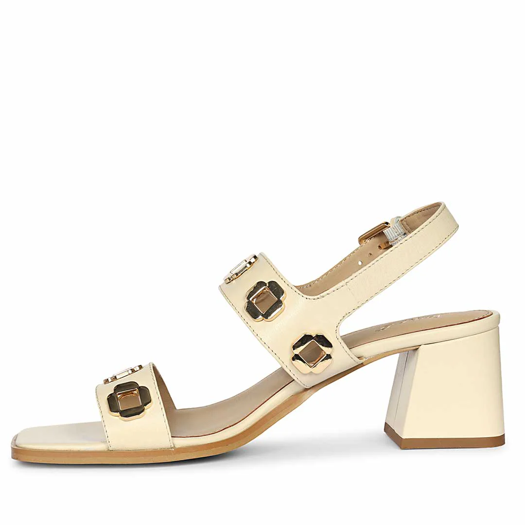 Saint Alviera Gold Flower Eyelets Black Leather Block Heels - Image 3