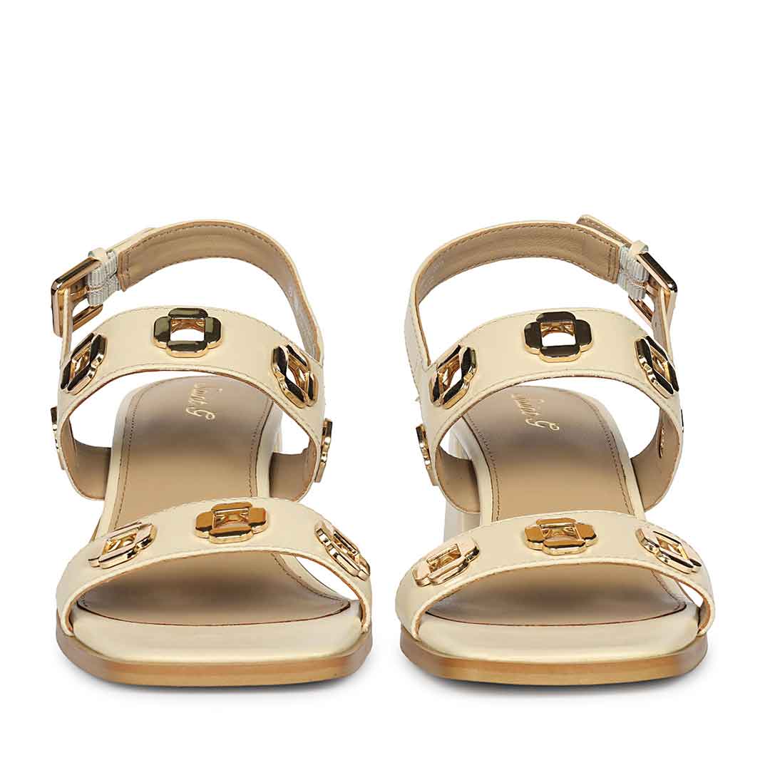 Saint Alviera Gold Flower Eyelets Black Leather Block Heels - Image 4