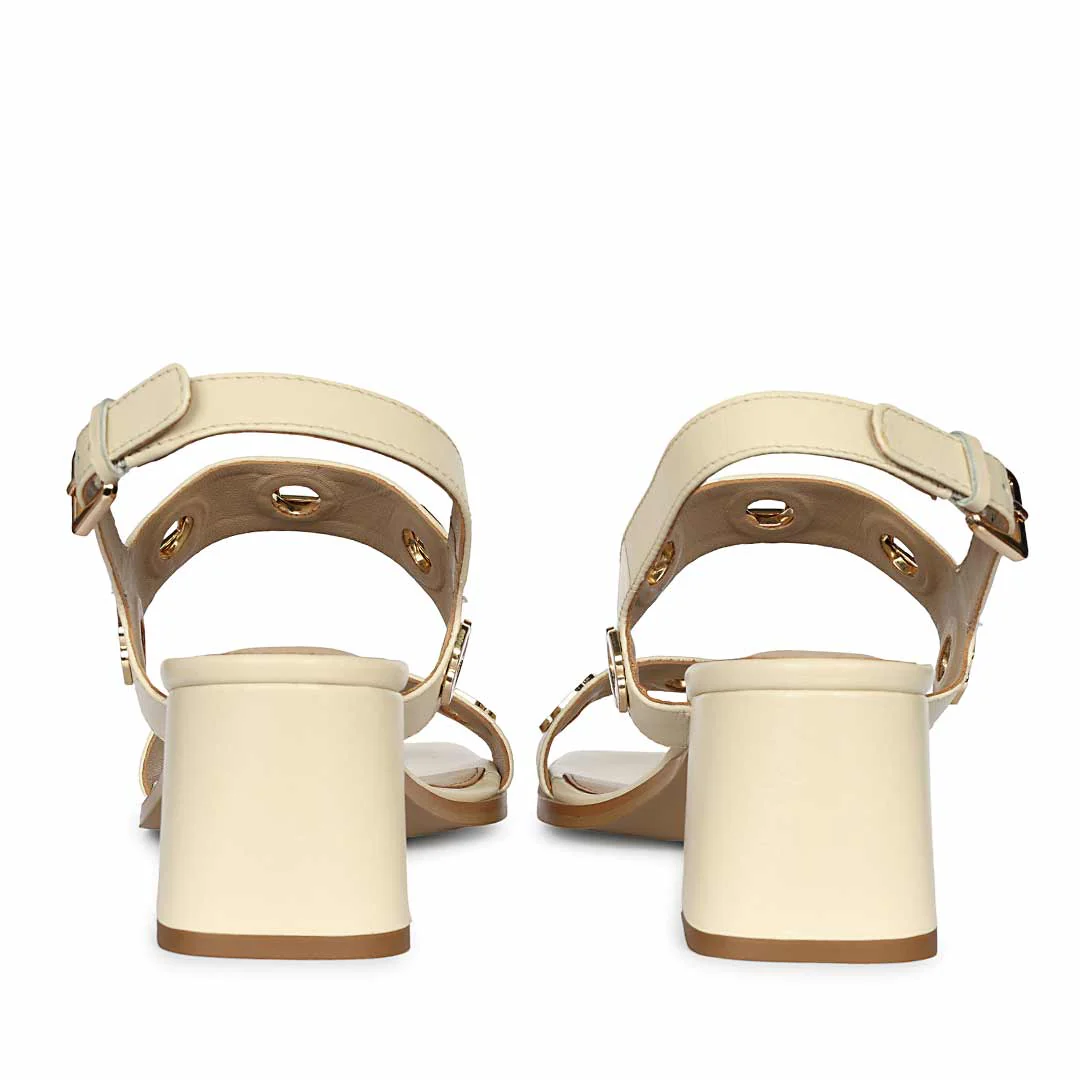 Saint Alviera Gold Flower Eyelets Black Leather Block Heels - Image 5