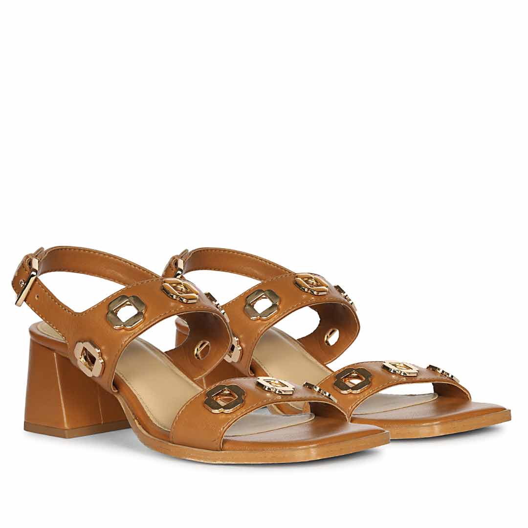 Saint Alviera Gold Flower Eyelets Tan Leather Block Heels - Image 3