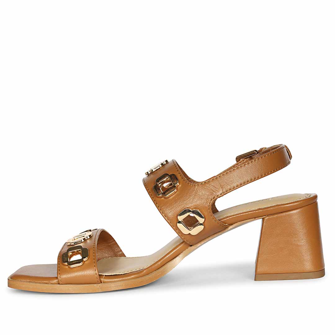 Saint Alviera Gold Flower Eyelets Tan Leather Block Heels - Image 4
