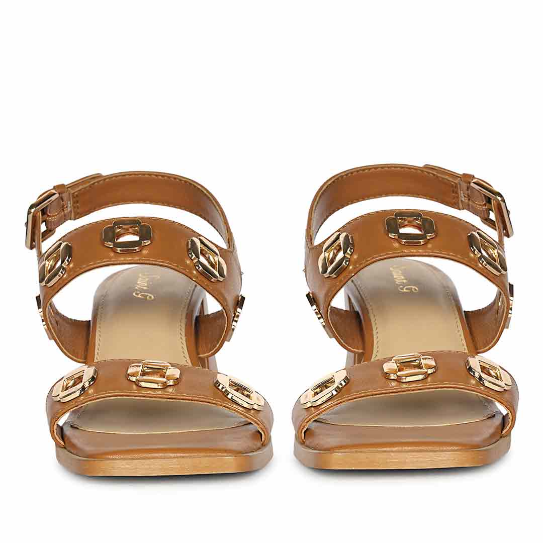 Saint Alviera Gold Flower Eyelets Tan Leather Block Heels - Image 5