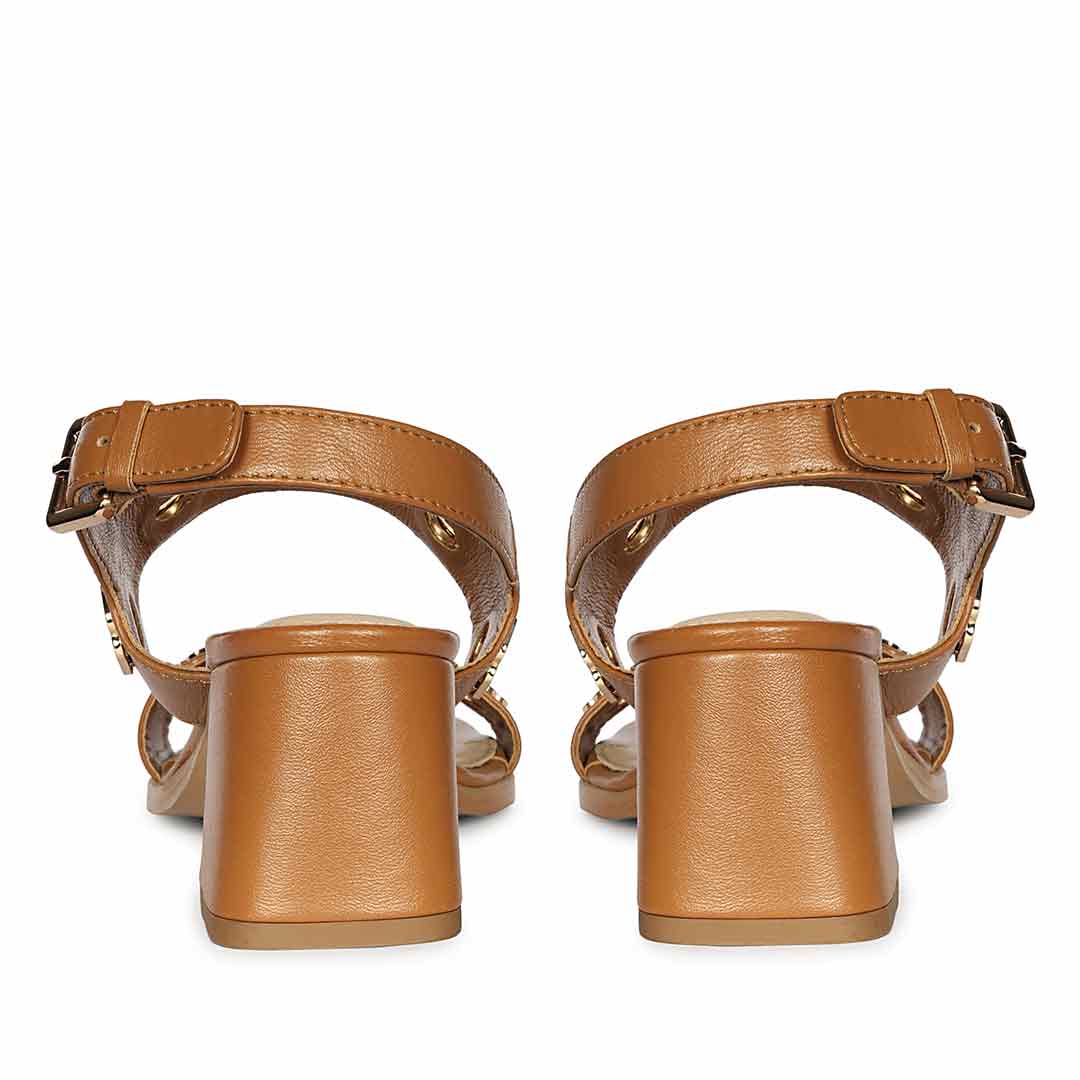 Saint Alviera Gold Flower Eyelets Tan Leather Block Heels - Image 6