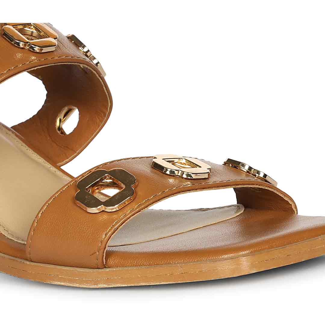 Saint Alviera Gold Flower Eyelets Tan Leather Block Heels - Image 7