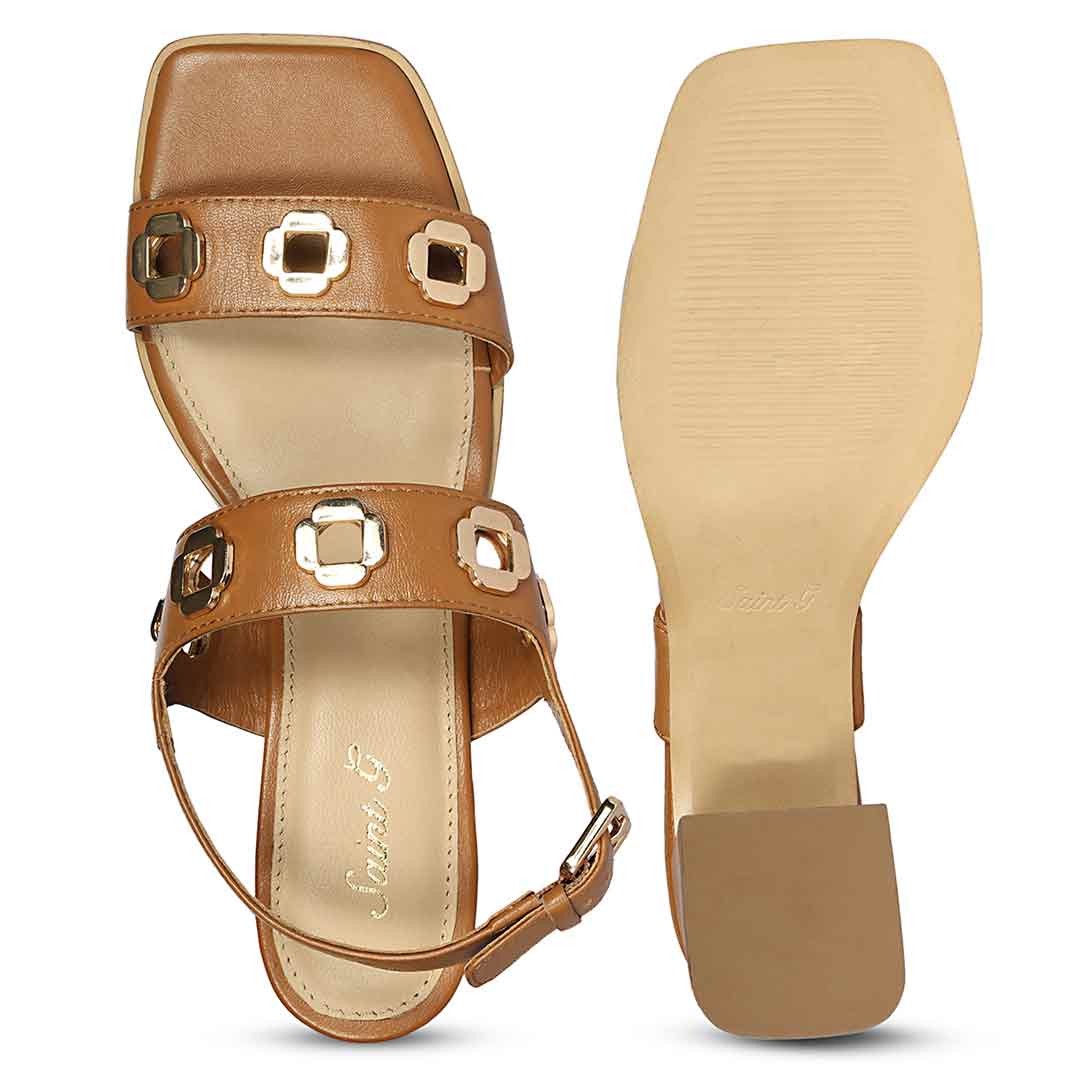 Saint Alviera Gold Flower Eyelets Tan Leather Block Heels - Image 8