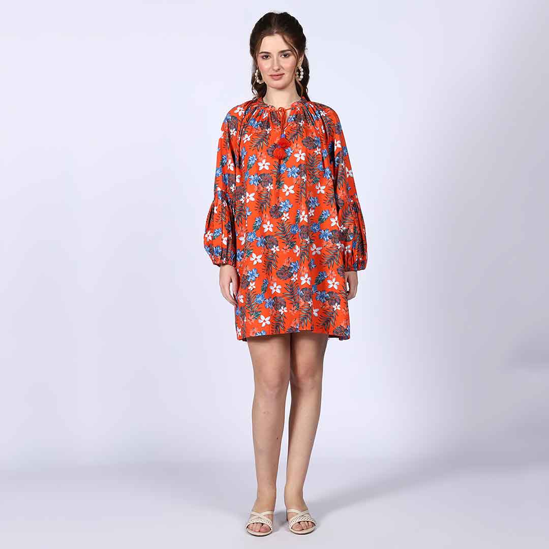 Saint Amalia Womens Orange Cotton Floral Short Dress - Image 2