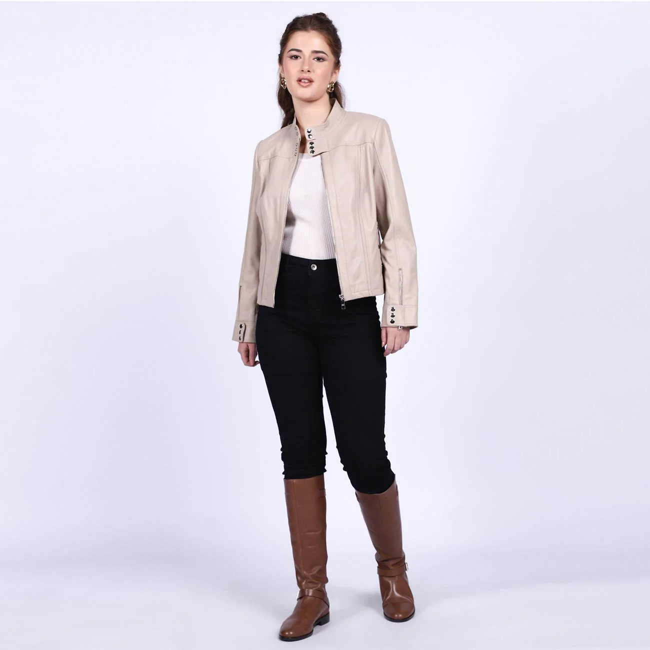 Saint Amaya Beige Leather Women Cafe Racer Jackets - Image 2