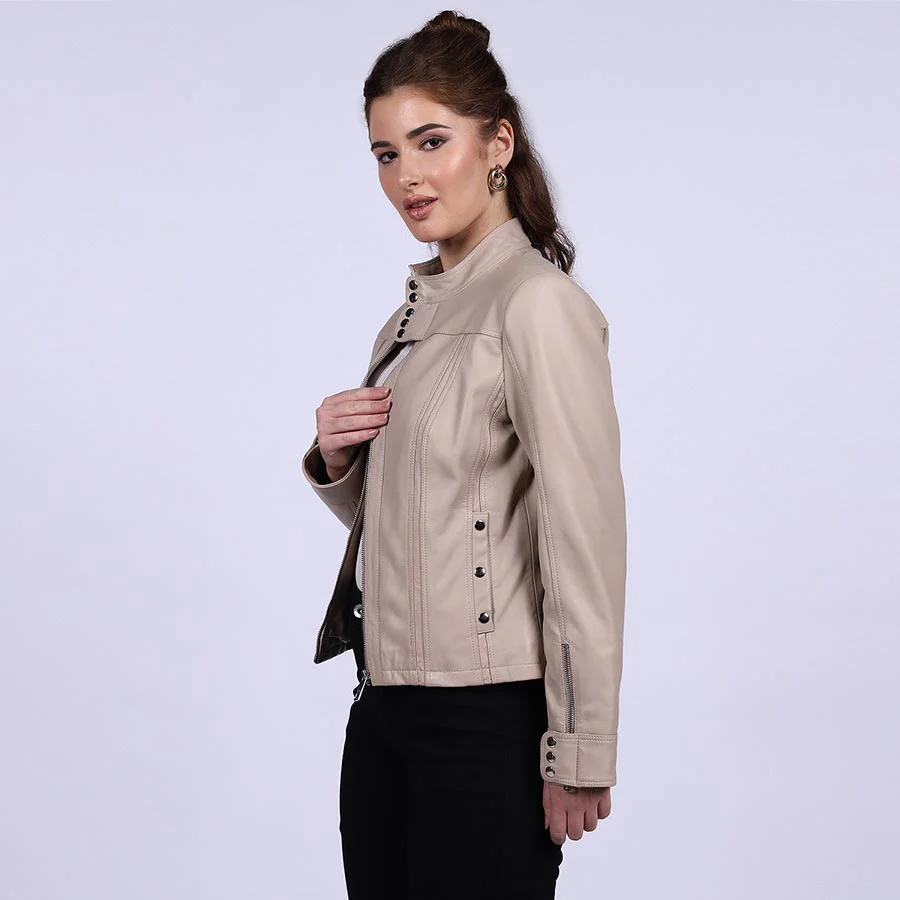 Saint Amaya Beige Leather Women Cafe Racer Jackets - Image 3