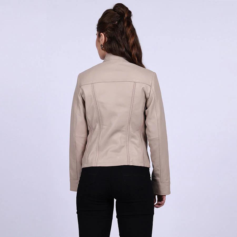 Saint Amaya Beige Leather Women Cafe Racer Jackets - Image 4