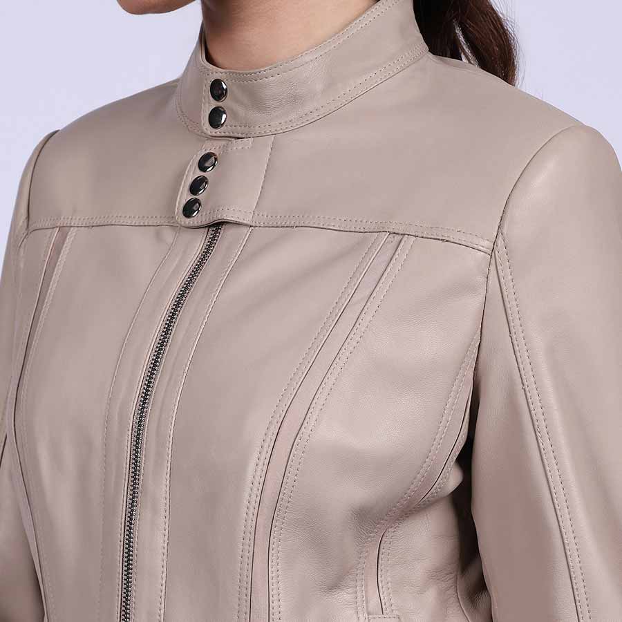 Saint Amaya Beige Leather Women Cafe Racer Jackets - Image 5