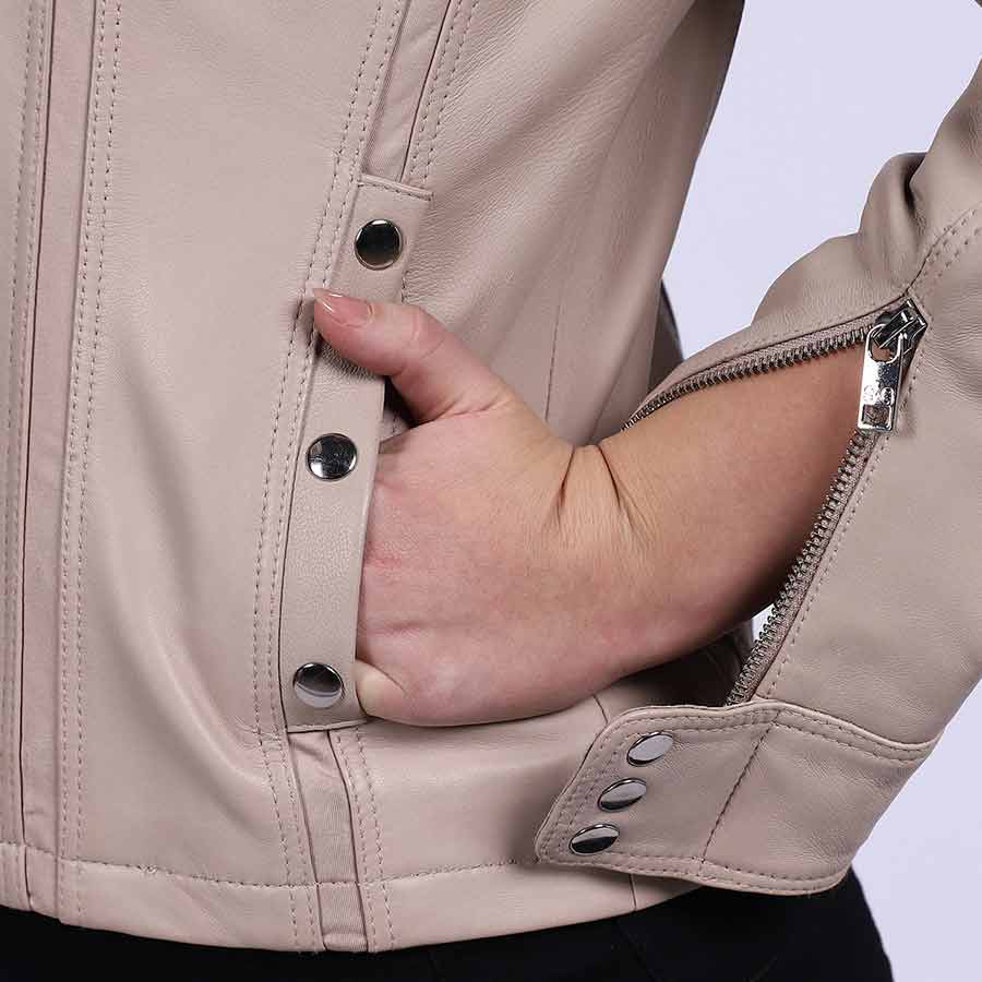 Saint Amaya Beige Leather Women Cafe Racer Jackets - Image 6