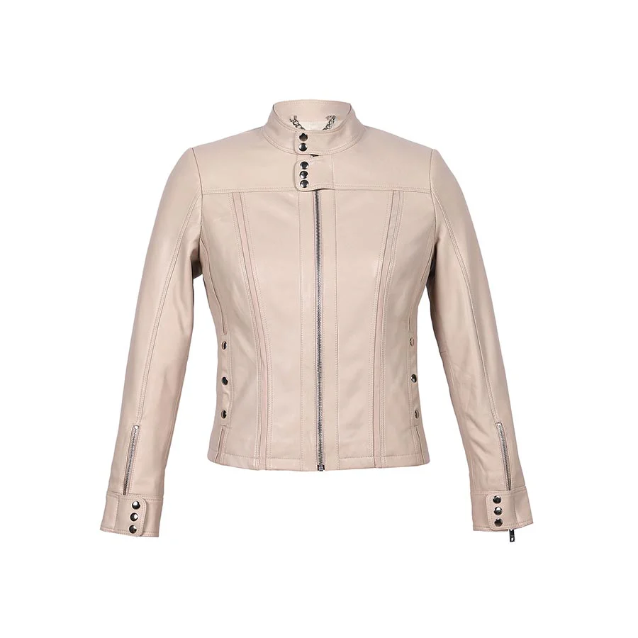 Saint Amaya Beige Leather Women Cafe Racer Jackets - Image 7