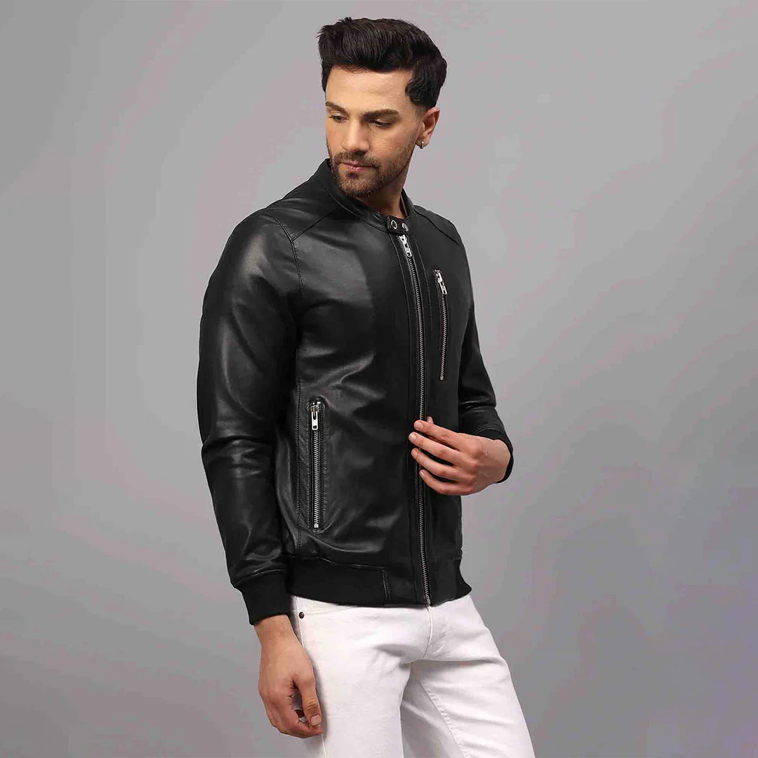 Saint Amorino Black Leather Men's Bomber Jackets - Image 3