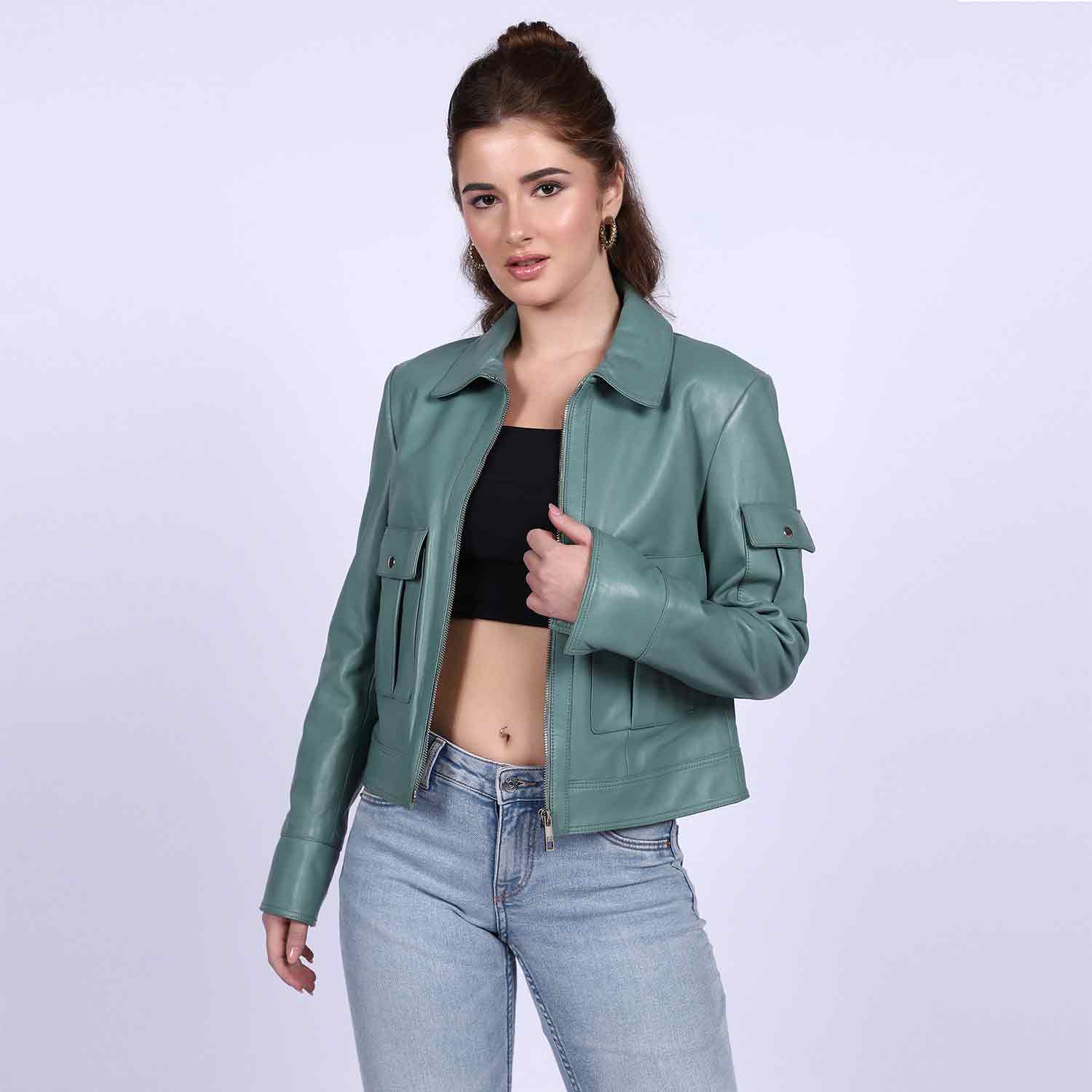 Saint Amory Women Green Leather Jackets - Image 3