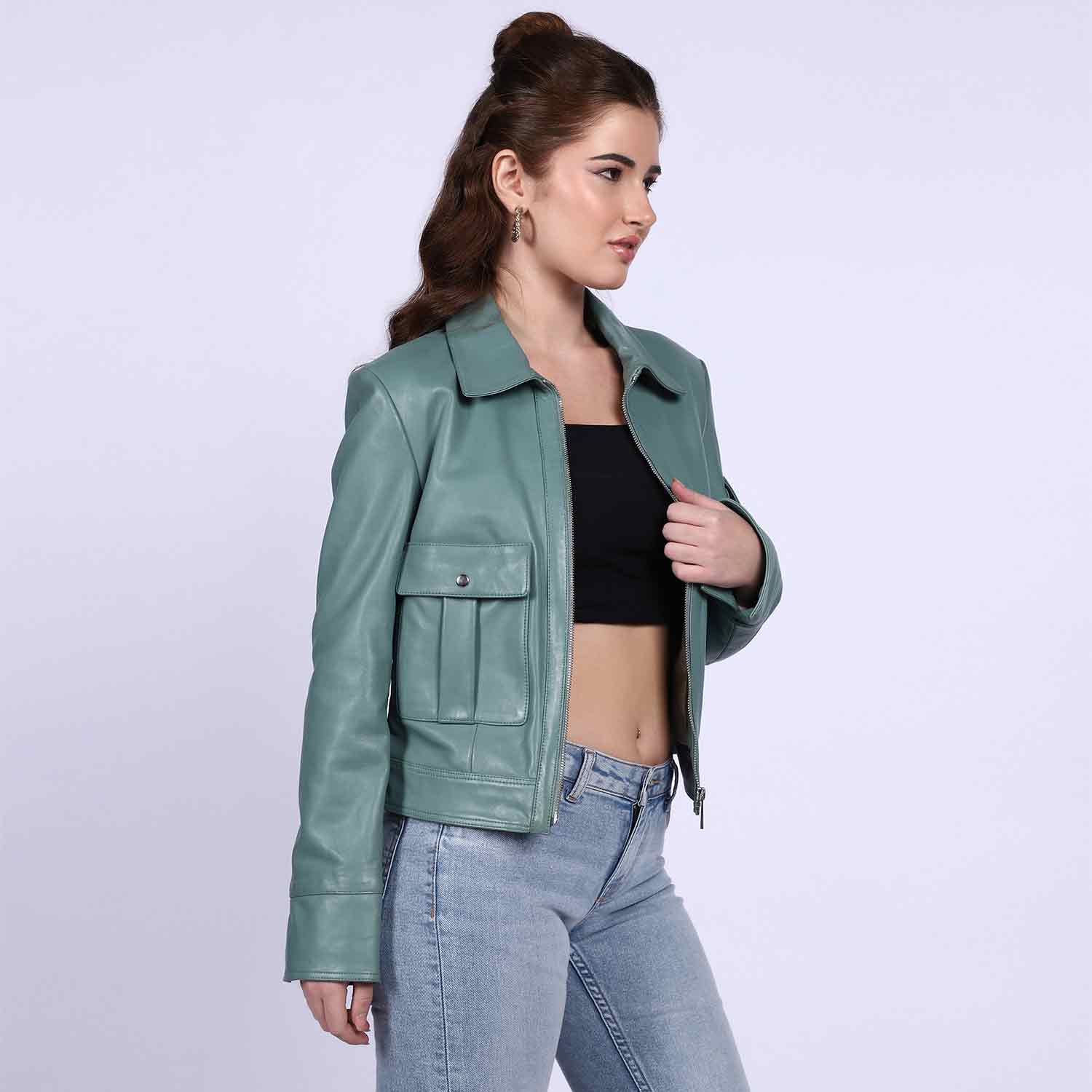 Saint Amory Women Green Leather Jackets - Image 4