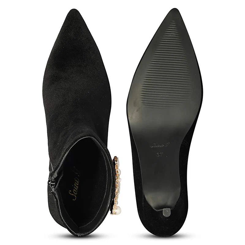 Saint Amoura Triangular Crystal Black Velvet Ankle Boots - Image 6