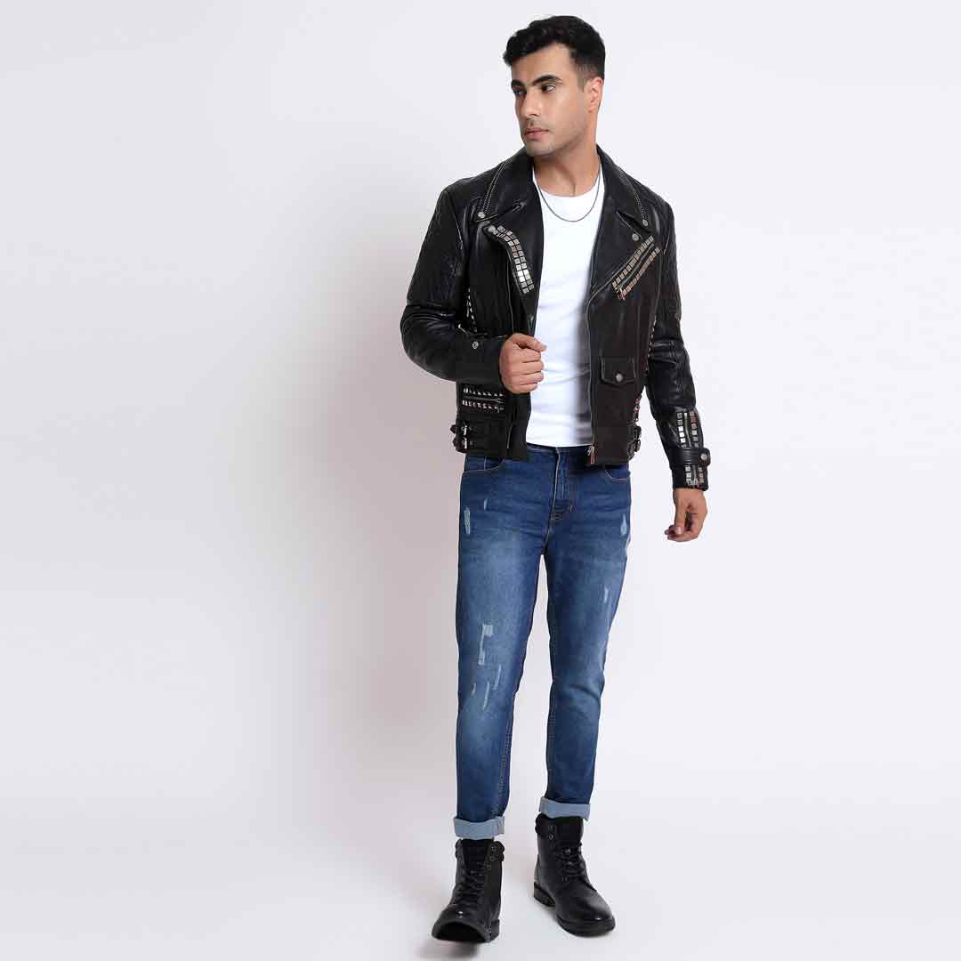 Saint Andre Black Leather Men's Biker Jackets - Image 5