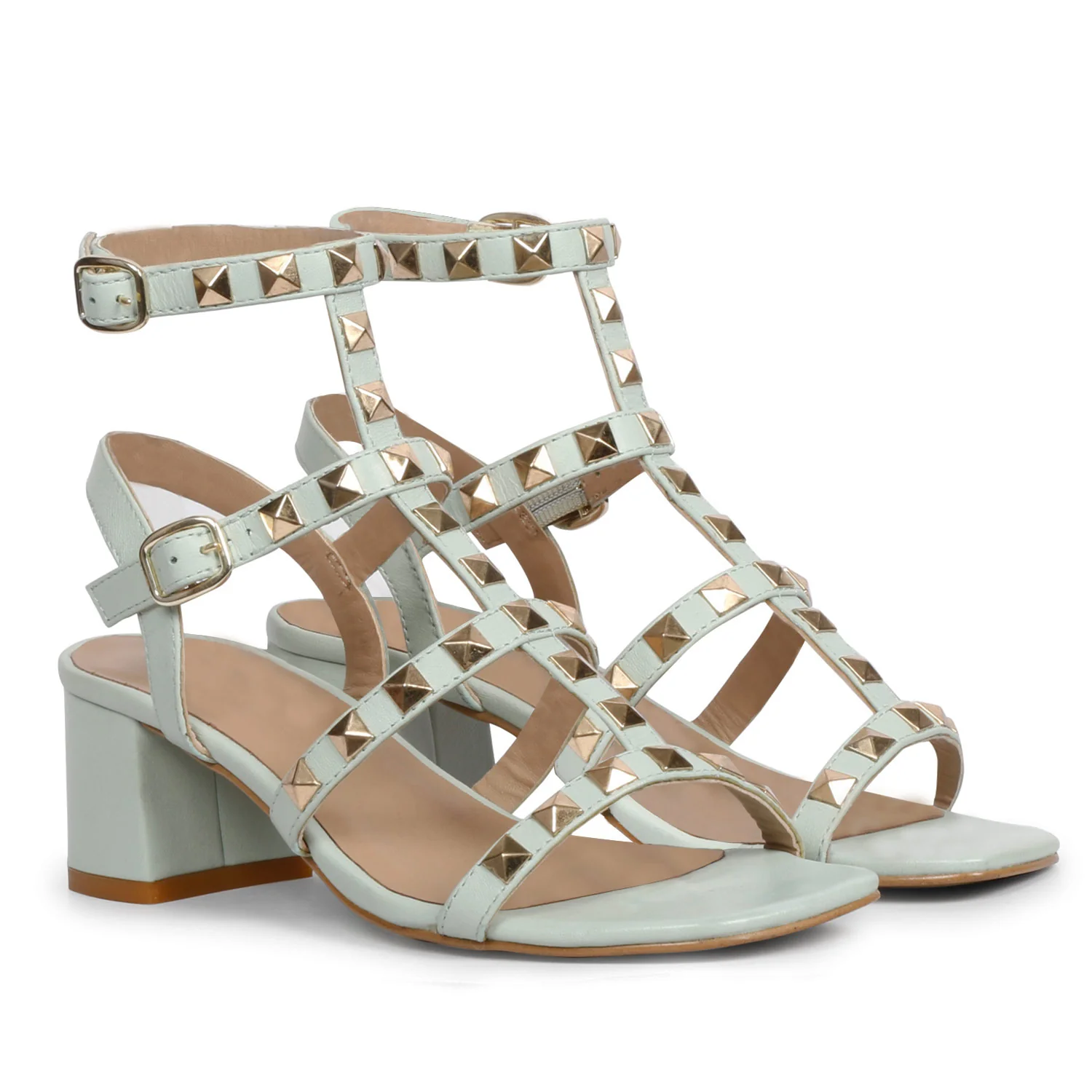 Saint Angela Aqua Leather Metal Studded Block Heels - Image 3