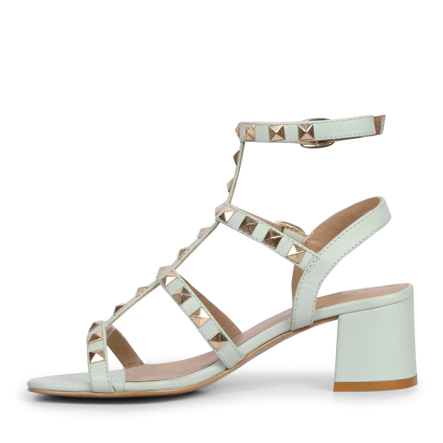 Saint Angela Aqua Leather Metal Studded Block Heels - Image 4