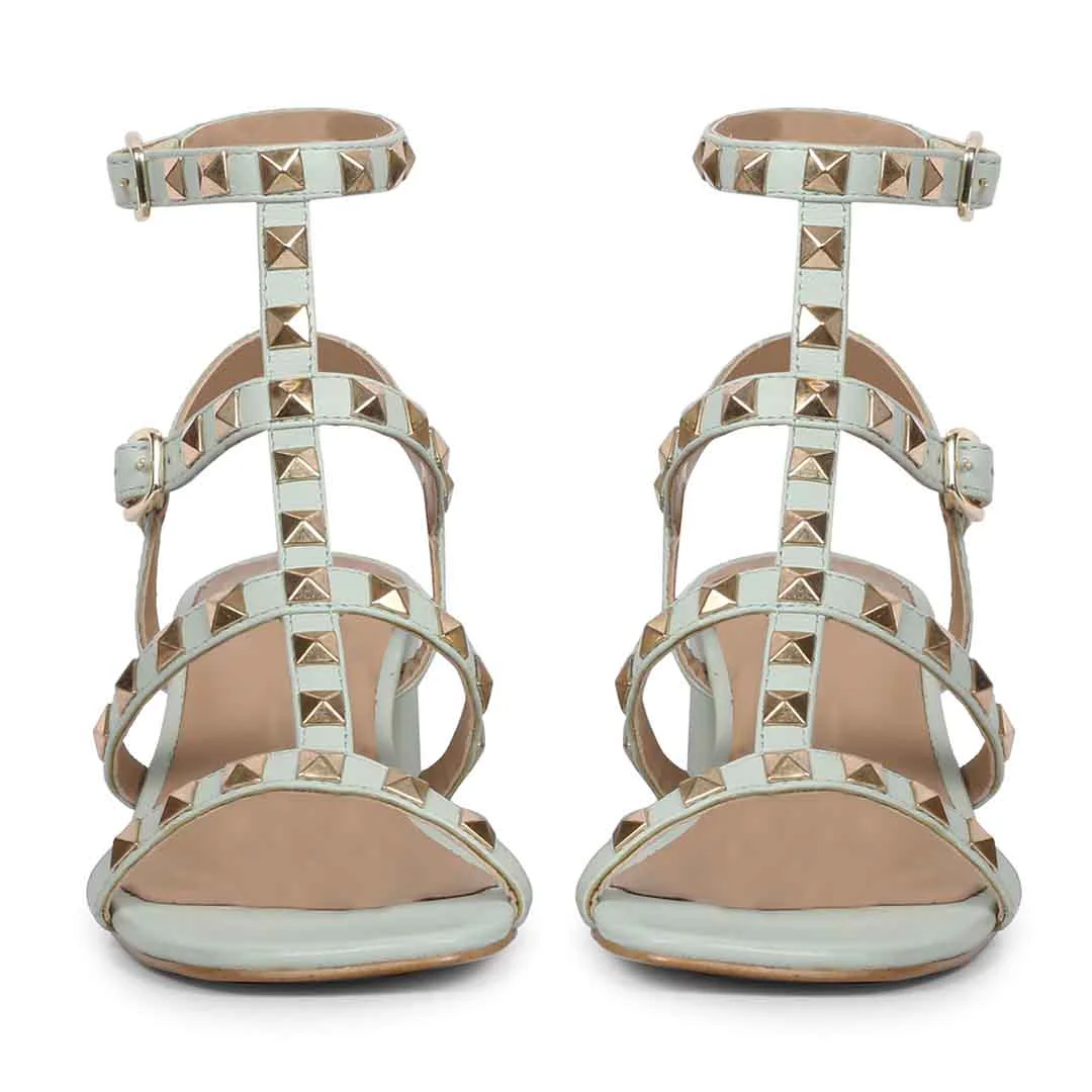 Saint Angela Aqua Leather Metal Studded Block Heels - Image 5